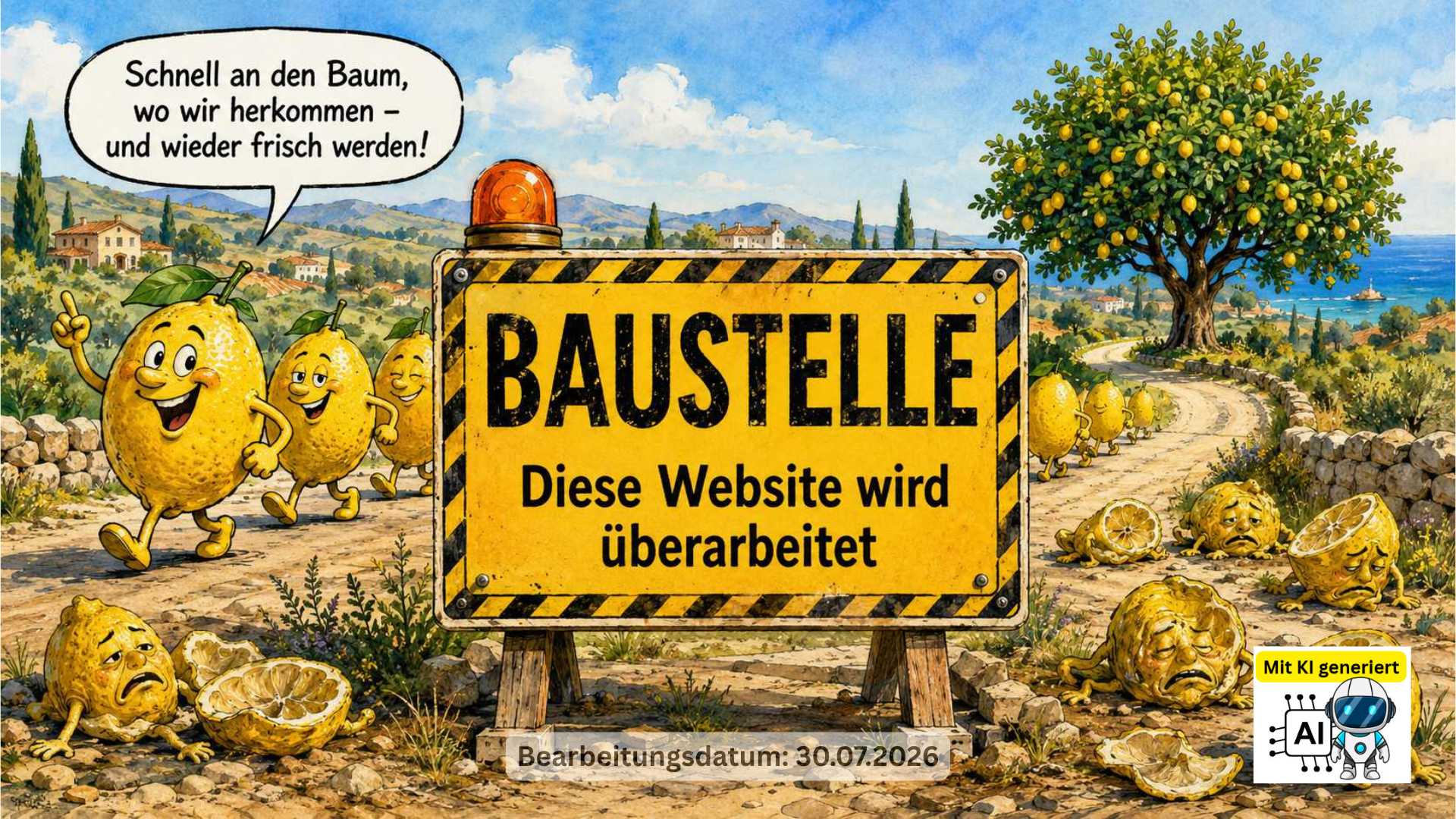 Cartoon lemons marching past a yellow Baustelle sign saying 'Diese Website wird überarbeitet' in a sunny countryside setting.
